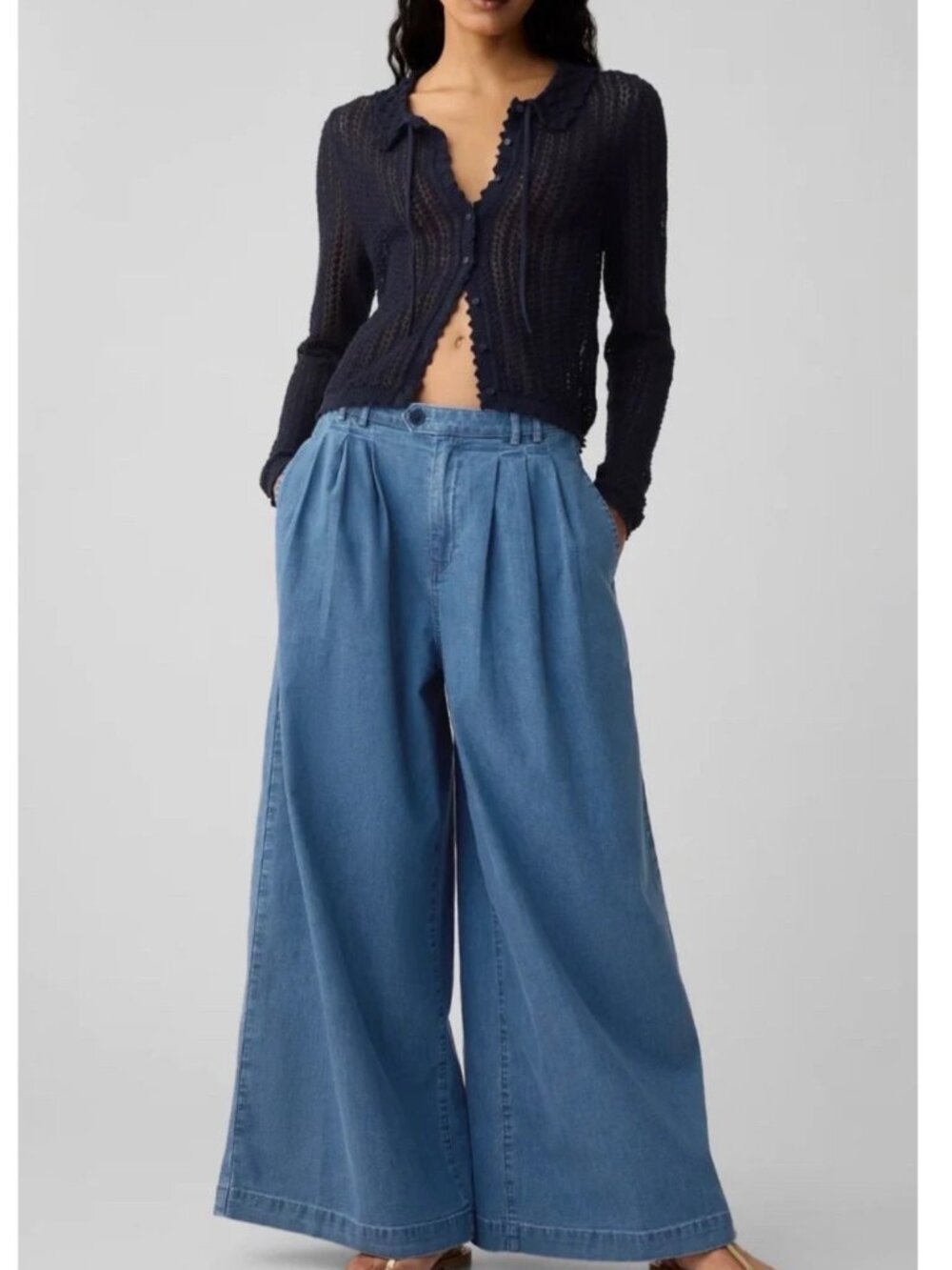GAP x Doen Denim Trouser Pants Jeans 31 / 12 Blue Raw Hem Flowy Wide Leg - Picture 2 of 13